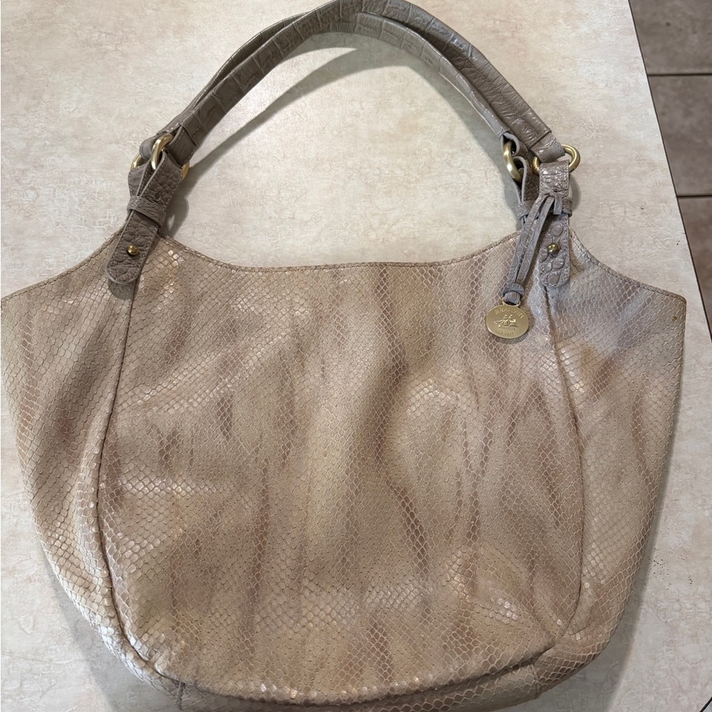 Brahmin Neutral Taupe Snake-Embossed Shoulder Bag
